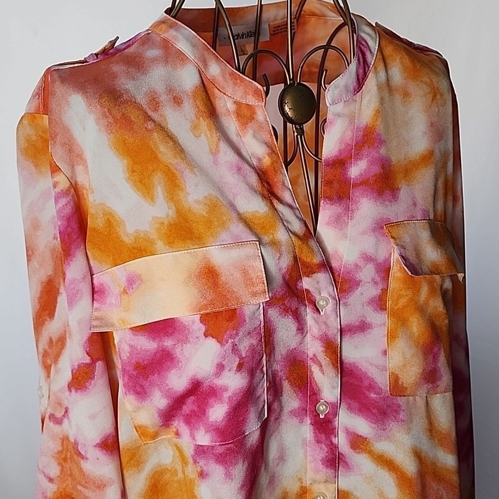 Calvin Klein Blouse Size L Colorful Button Up Mandarin Collar Pockets